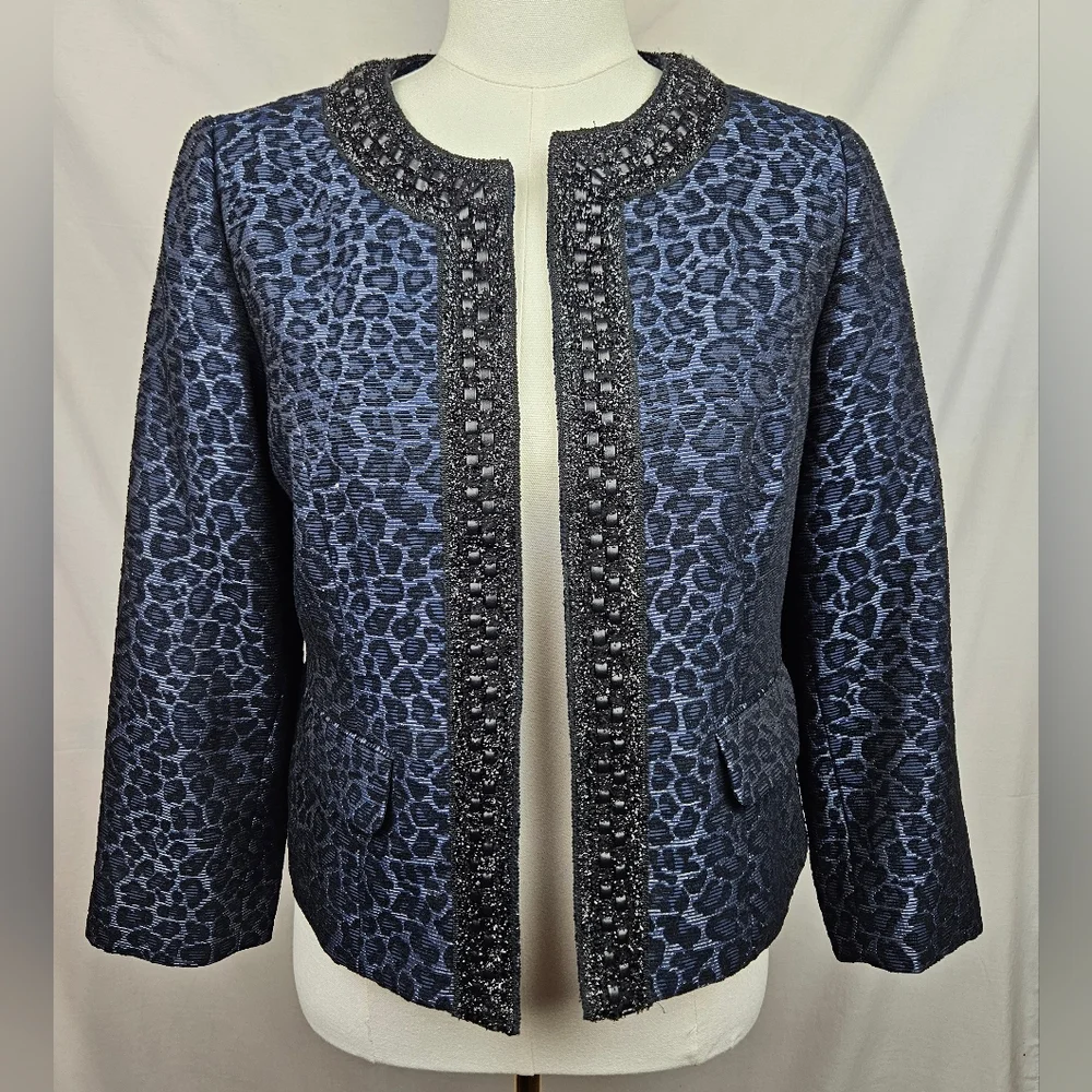 Chicos Leopard Print Metallic Blue‎ Jewel Lined Blazer Sz 0 Maximalist Luxury